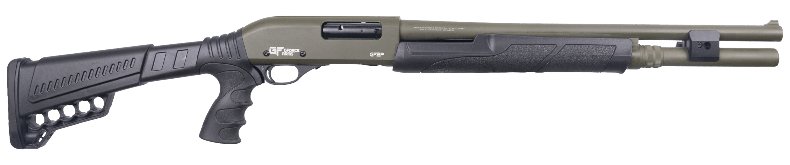 Gforce Arms GF2P12 GF2P  12 Gauge Pump 3" Chamber 7+1 20" Fixed Cylinder Bore, OD Green Barrel/Rec, Black Furniture, 5rd Shell Carrier Stock, Rubber Pistol Grip, Blade Sight, 3rd Shell Holder on Rec