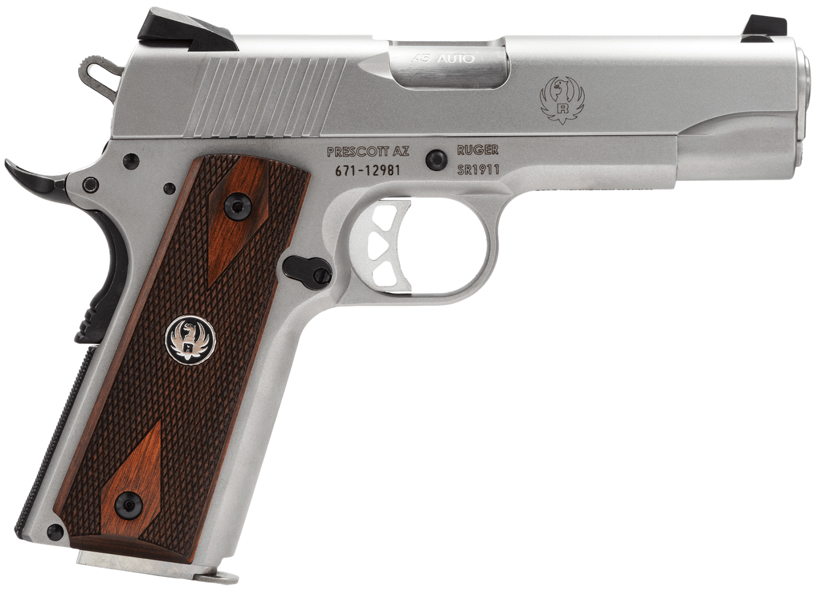 Ruger 6702 SR1911 Commander-Style 45 ACP 7+1 4.25" Stainless Steel Barrel, Serrated Stainless Steel Slide, Stainless Steel Frame w/Beavertail, Hardwood Grip