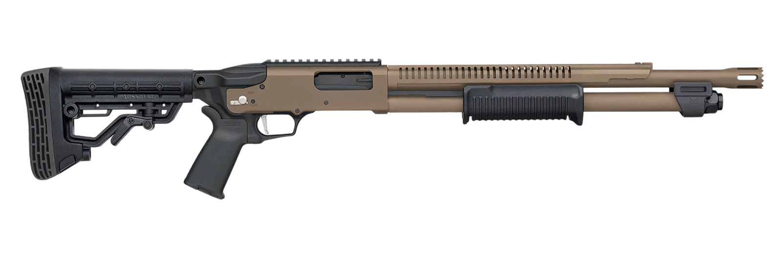 Mossberg 50756 590R 12 Gauge Pump 3" 6+1 18.50" Flat Dark Earth Cerakote Heat Shield Barrel, Flat Dark Earth Cerakote Steel Receiver, Black AR Mil-Spec Adjustable Synthetic Stock, Black Magpul Grip