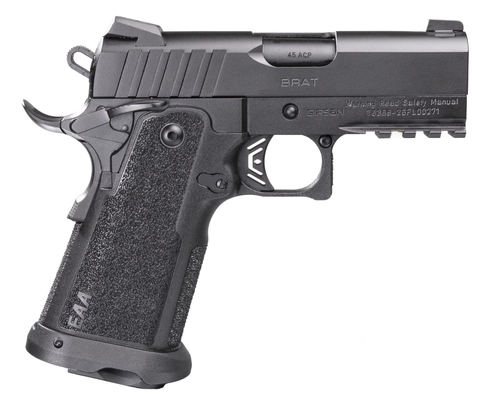 Girsan 395055 Witness2311  45 ACP 11+1 3.40" Black Steel Barrel, Black Serrated Steel Slide, Black Polymer Frame w/Beavertail & Picatinny Rail, Black Checkered Polymer Grip, Ambidextrous