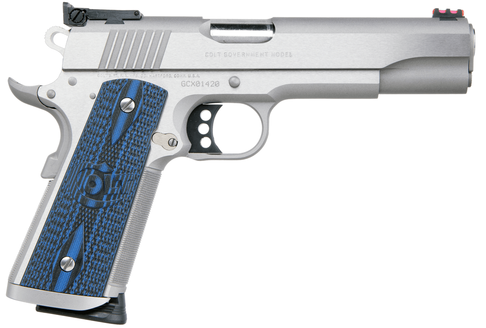 Colt Mfg O5072XE Gold Cup Trophy 9mm Luger 9+1 5" Steel Barrel, Stainless Steel Serrated Slide & Frame w/Beavertail, Competition Blue G10 Grips, Ambidextrous