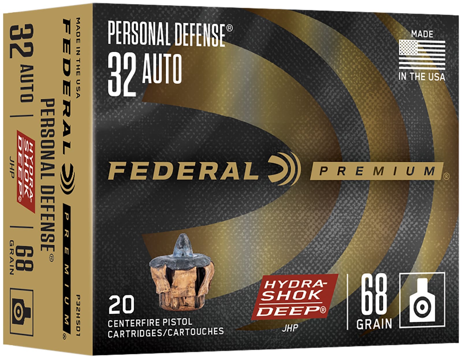 Federal P32HSD1 Hydra-Shok Deep Personal Defense 32ACP 68gr Jacketed Hollow Point 20 Per Box/10 Case