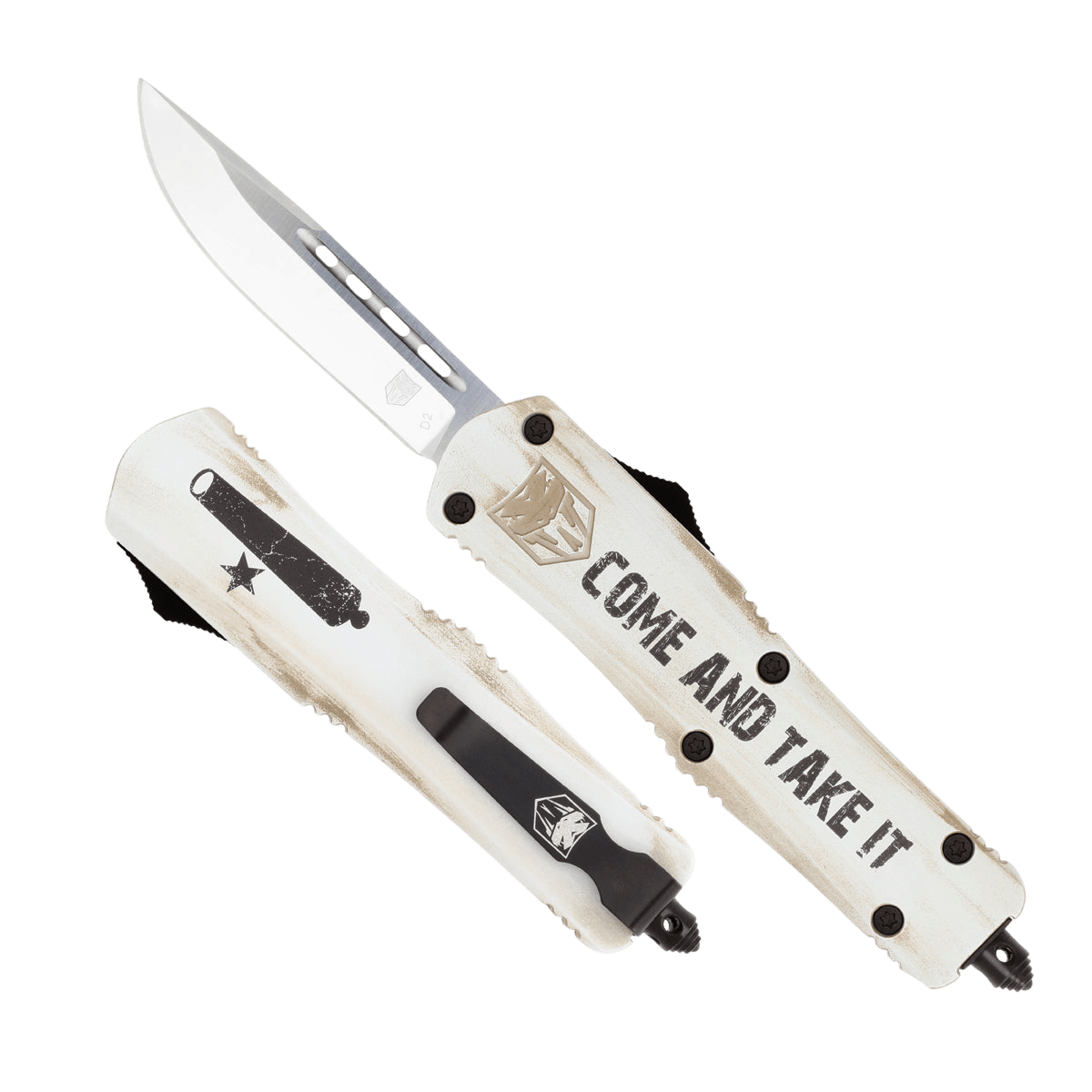 CobraTec Knives MCATIFS3DNS FS-3 Come And Take It 3" OTF Drop Point Plain 154CM SS Blade White w/"Come And Take It" Aluminum Cerakoted Handle Features Glass Breaker Includes Pocket Clip
