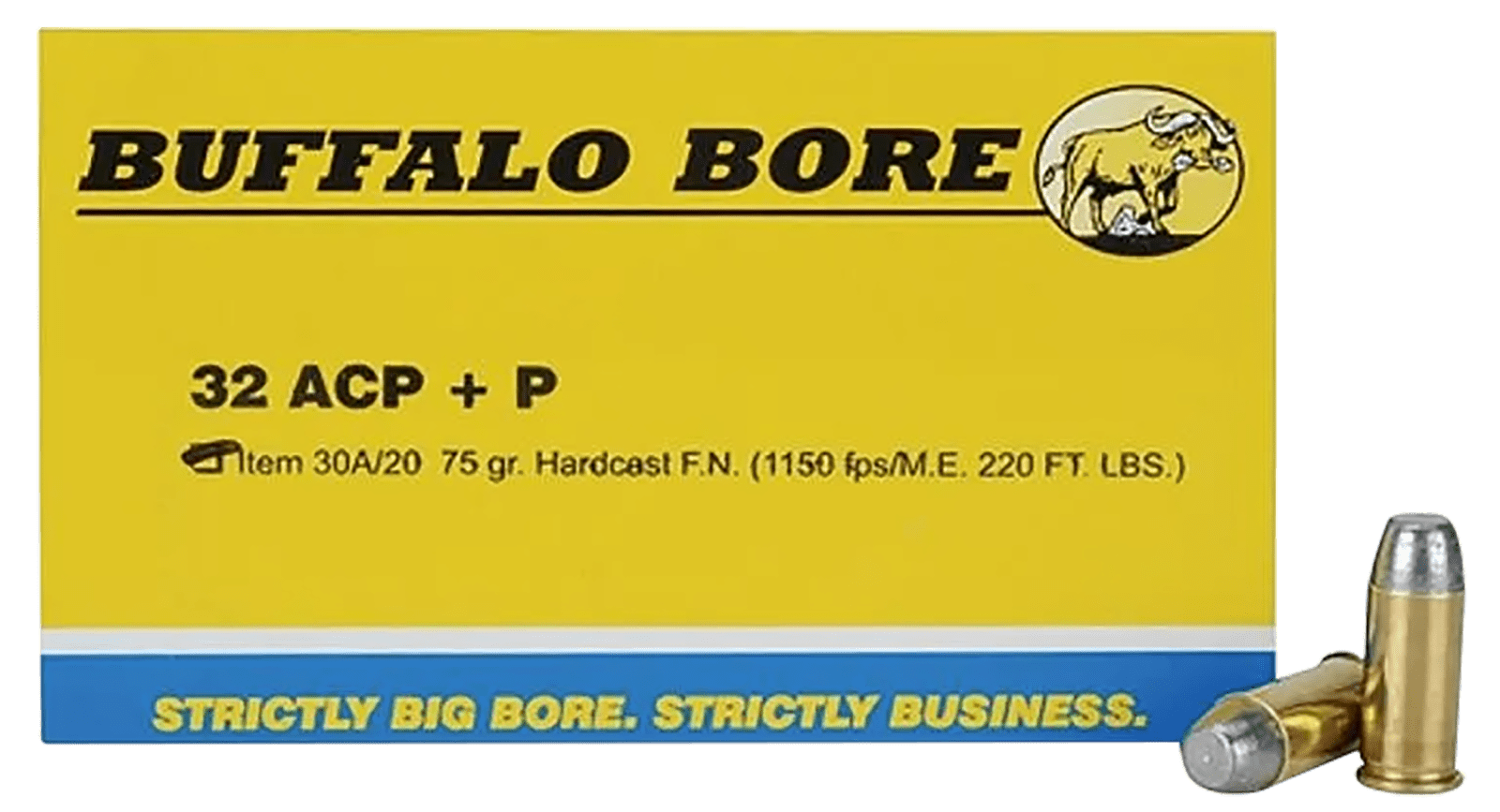 Buffalo Bore Ammunition 30A20 Personal Defense Strictly Business 32ACP +P 75gr Hard Cast Flat Nose 20 Per Box/12 Case