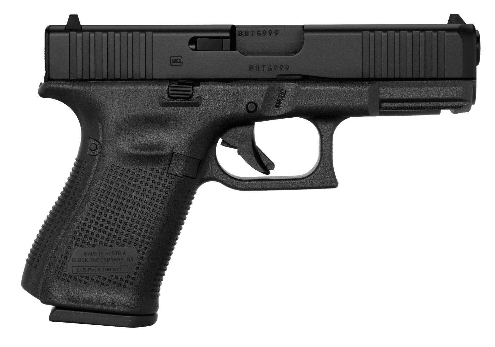 Glock PA195S201 G19 Gen5 Compact 9mm Luger 10+1 4.02" Black GMB Barrel, Black nDLC Serrated Slide, Black Polymer Frame w/Picatinny Rail, Black Textured w/Interchangeable Backstrap Grip, Ambidextrous