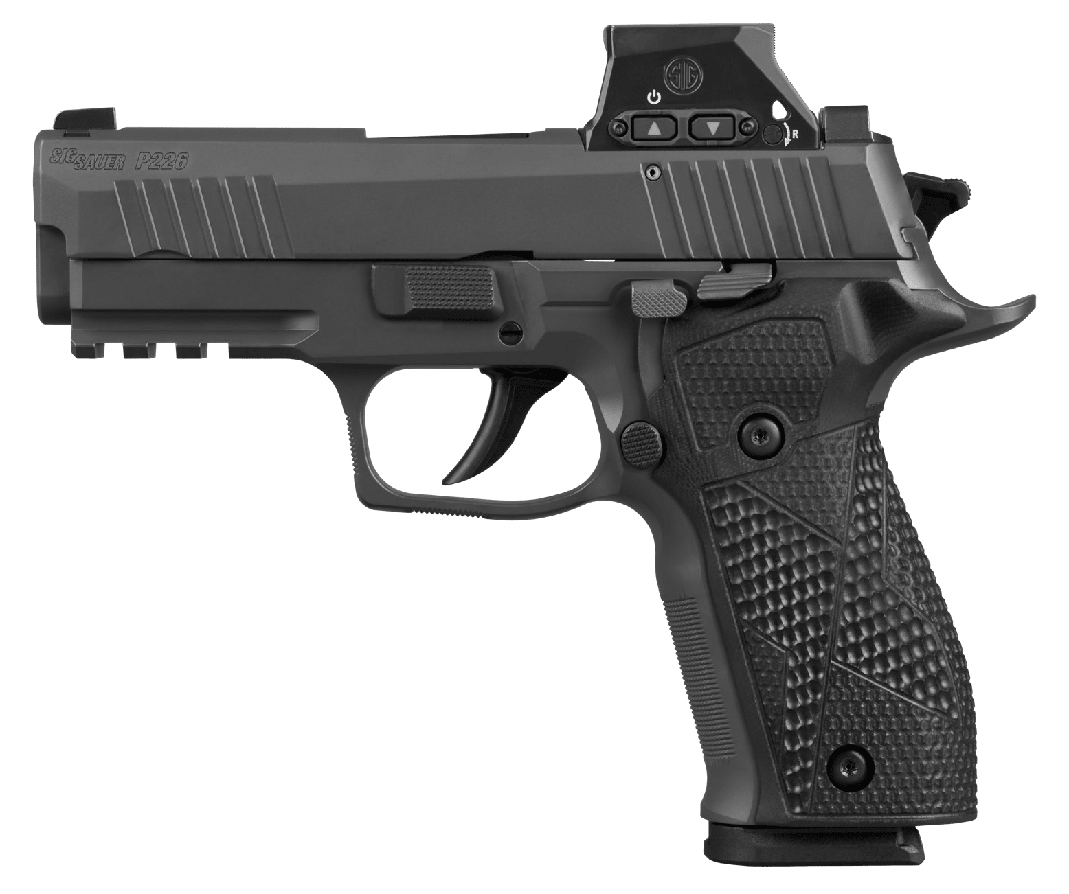 Sig Sauer 226XCA9RXSL P226X w/Optic Carry 9mm Luger 18+1 3.80" Black Bull Barrel, Matte Black DLC Stainless Steel Serrated w/Optic Slide, Black Anodized Alloy Frame w/Picatinny Rail, Black Hogue G10 G