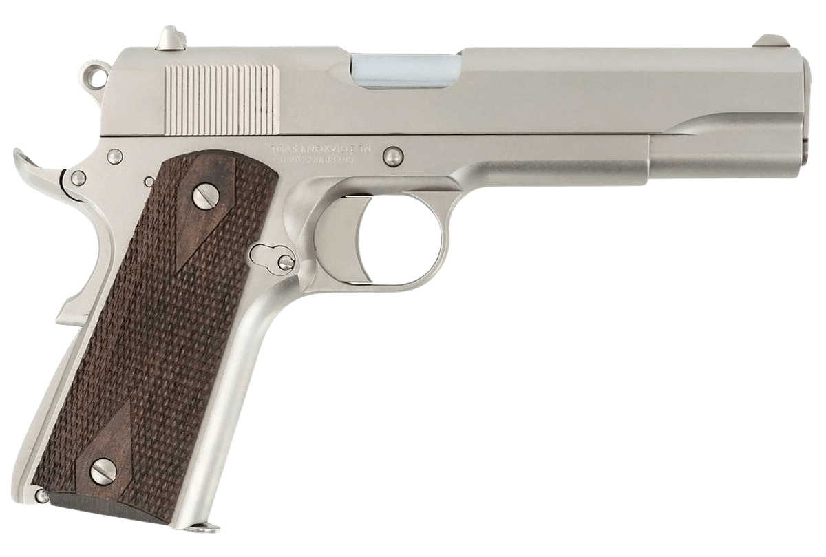 Tisas Arms 10100562 1911 A1 Stakeout 9mm Luger 38 Super 5" Stainless Steel Barrel, Nickel Carbon Steel Serrated Slide & Frame w/Beavertail, Walnut Grip