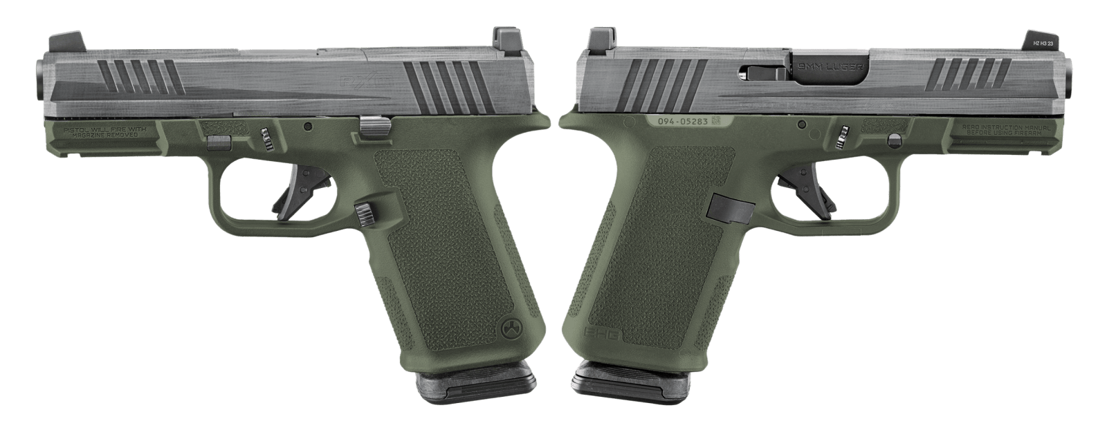 RUGER RXM 9MM PISTOL 4" CRUSHED SILVER BATTLE WORN/GREEN O.R. 2-15RD MAGS - ORION EXCLUSIVE