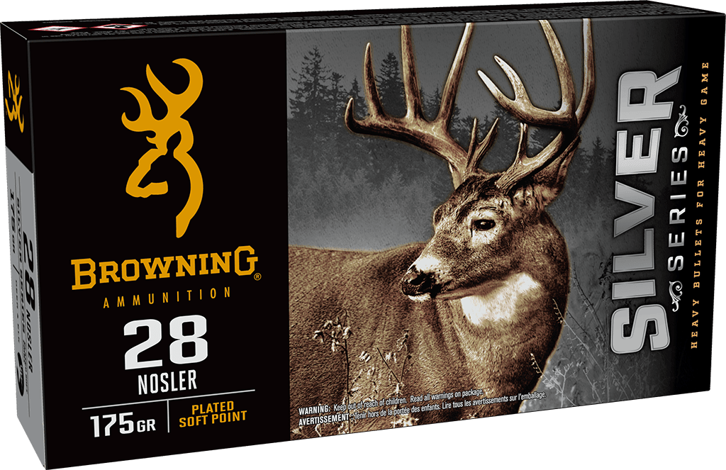 Browning Ammo B192600281  Silver 28Nosler 175gr Plated Soft Point 20 Per Box/10 Case