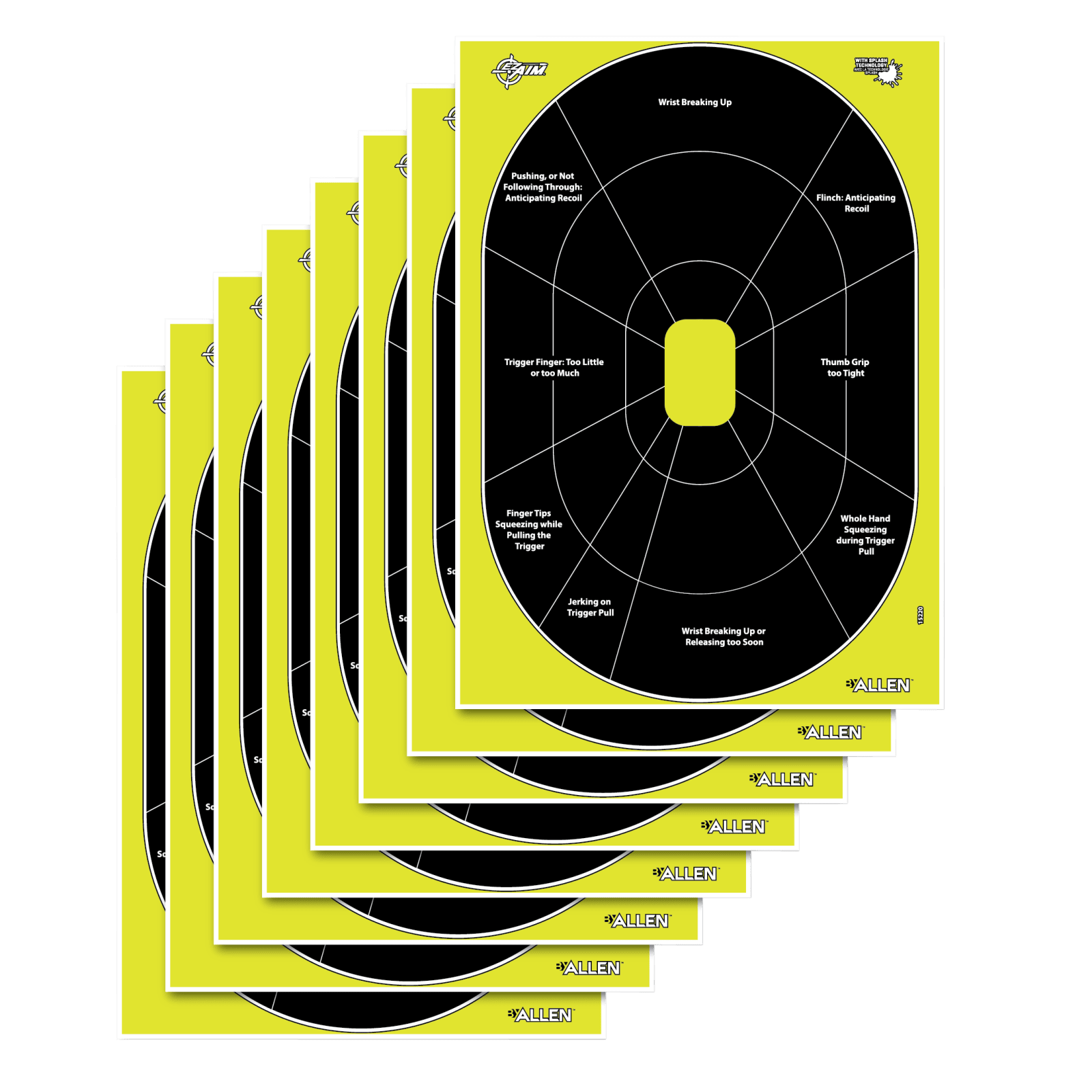 EZ-Aim 15220 Splash Reactive Target Oval Paper Hanging Handgun 12" x 18" Black/Yellow 8 Per Pkg