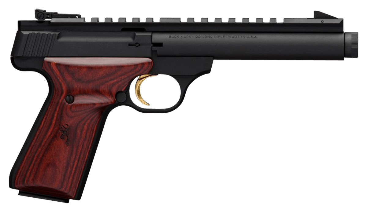 Browning 051527490 Buck Mark Field Target SR 22 LR 10+1 5.50" Black Threaded Bull Barrel, Matte Black Aluminum Frame, Picatinny Rail Receiver, Laminate Cocobolo Target Grip, Right Hand