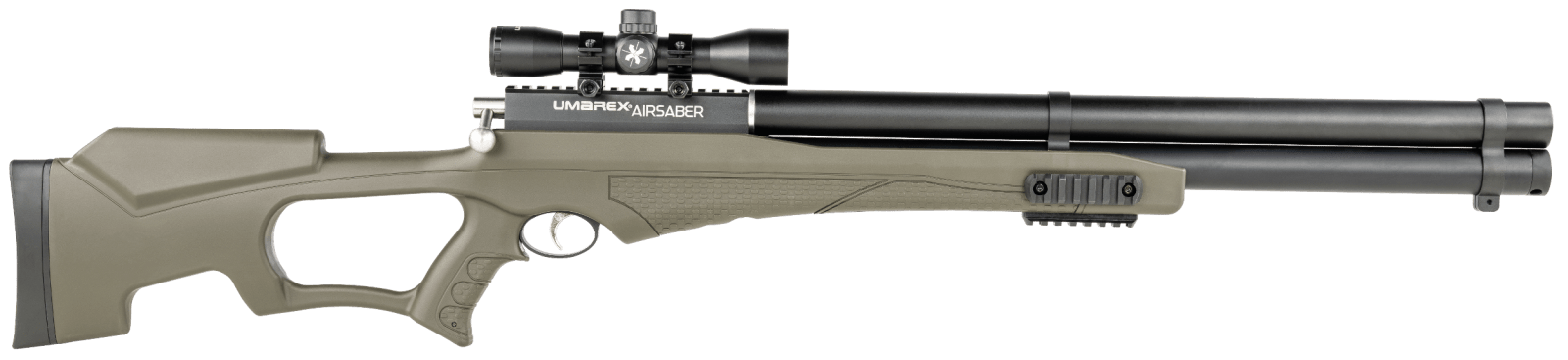 Umarex 2252660 Air Saber Combo PCP Umarex Straight Flight Technology Arrows 1 Shot, Black Barrel, Black Receiver, Green Fixed Thumbhole Stock, Scope Axeon Optics 4x32mm