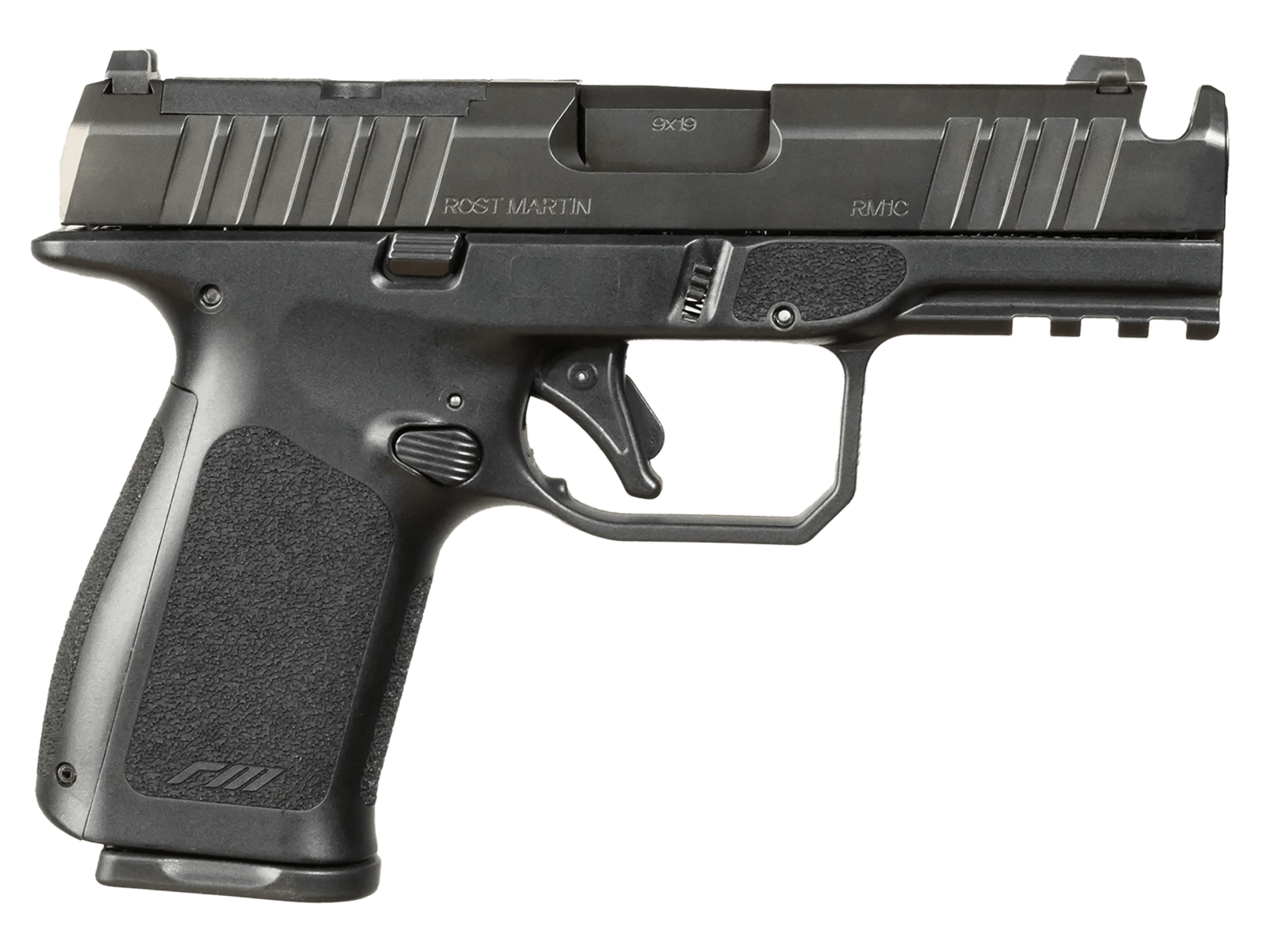 Rost Martin RM1CBLKOSP(COMP) RM1C  9mm Luger 17+1 4" Black Compensated Match Grade Barrel, Black Tenifer Optic Ready/Serrated Steel Slide, Black Polymer Frame w/Picatinny Rail, Textured Grip