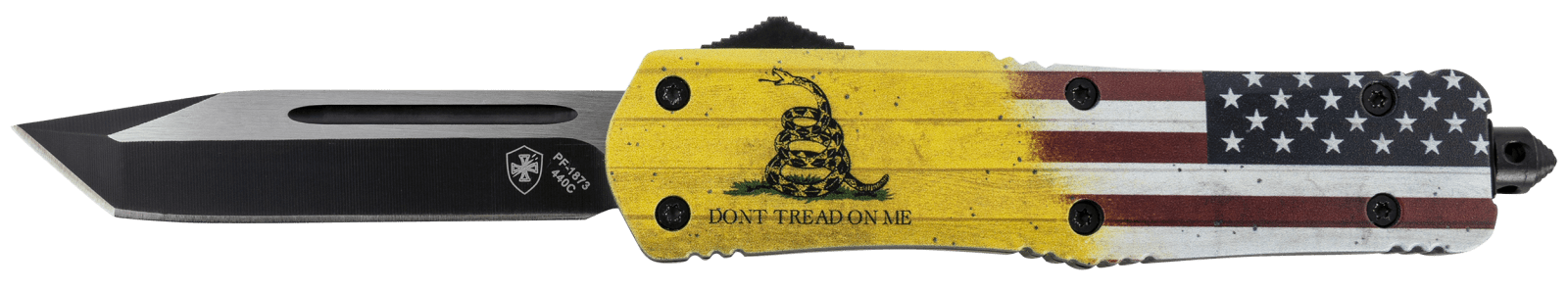 Templar Knife LDTOM231 Gen II Don't Tread On Me Large 3.50" OTF Tanto Plain Black Oxide Stonewashed 440C SS Blade, 5.25" Yellow w/Flag & "Don't Tread On Me" Aluminum Handle, Glass Breaker
