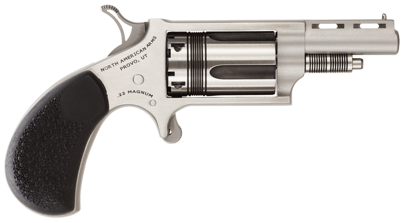 North American Arms 22MTW Wasp 22 WMR 5 Shot 1.63" Stainless Steel Vent Rib Barrel, Stainless Steel Frame & Cylinder, Black Pebbled Rubber Grip, Exposed Hammer