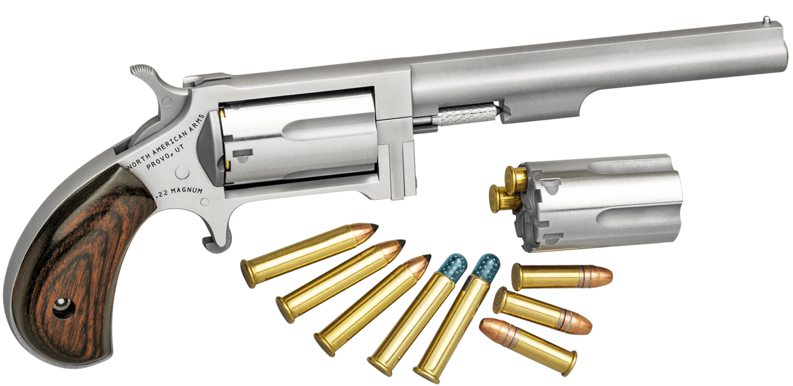 North American Arms SWC4 Sidewinder *CA Compliant 22 LR/22 WMR 5 Shot 4" Stainless Steel Barrel, Stainless Steel Frame, Stainless Cylinder, Rosewood Birdshead Grip, Exposed Hammer
