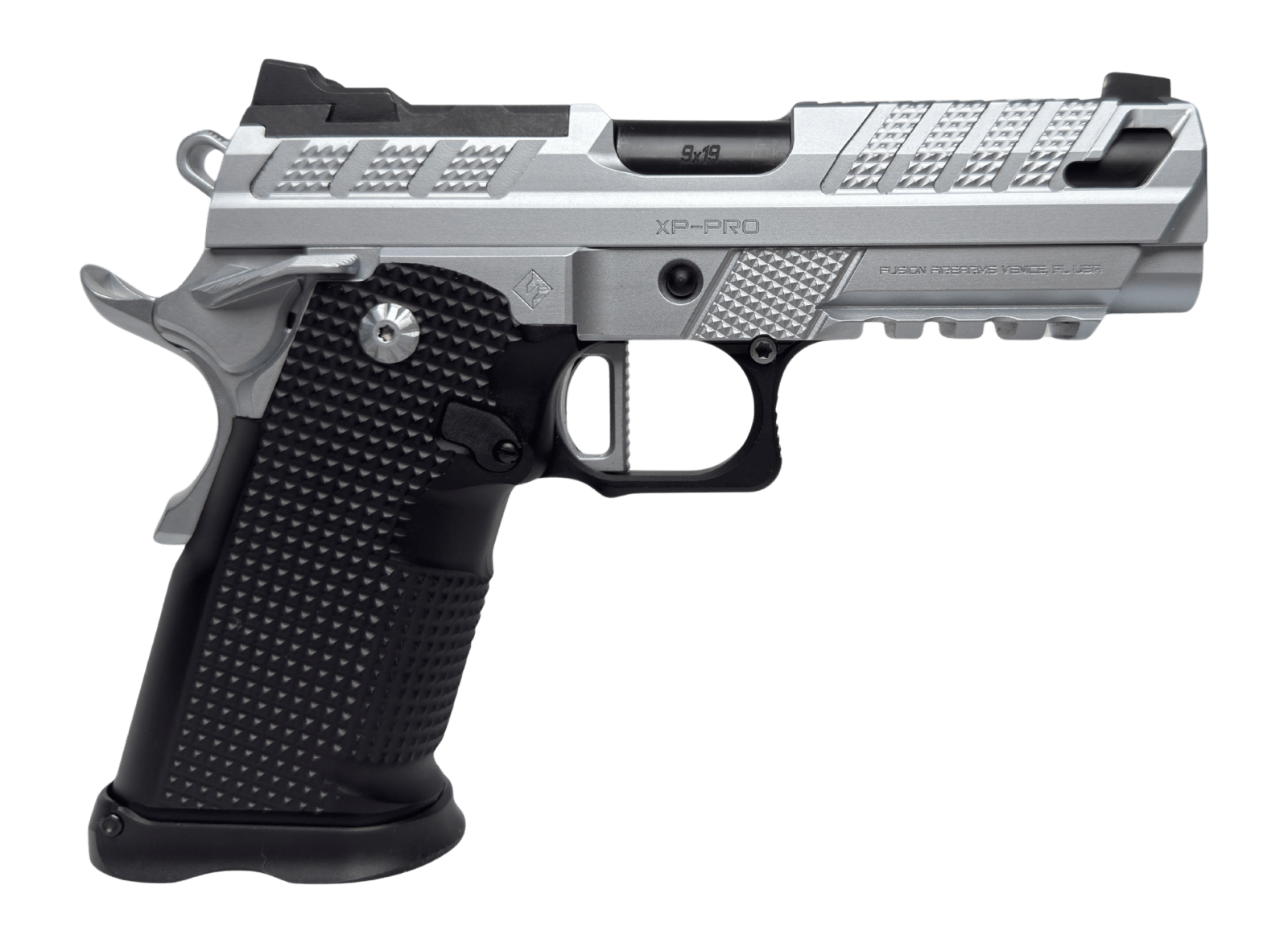 Fusion Firearms XP-3C-9-C XP 3C Compact Frame 9mm Luger 15+1 3" Black Tennifer Barrel, Chrome Steel Serrated Slide & Frame w/Beavertail & Picatinny Rail, Black Aluminum Grip