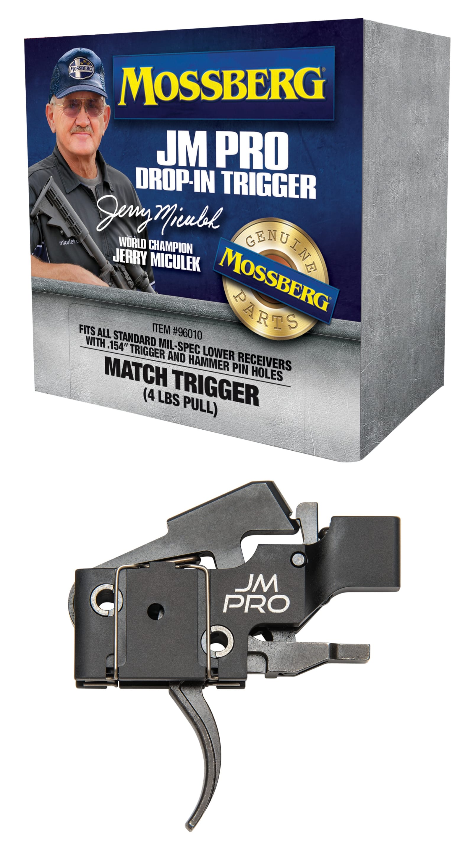 Mossberg 96010 JM Pro  Adjustable Match AR Drop-In Trigger, Fits AR15s & AR10s w/.154" Trigger & Hammer Pin Holes, Factory-Set 4 Pound Pull Weight