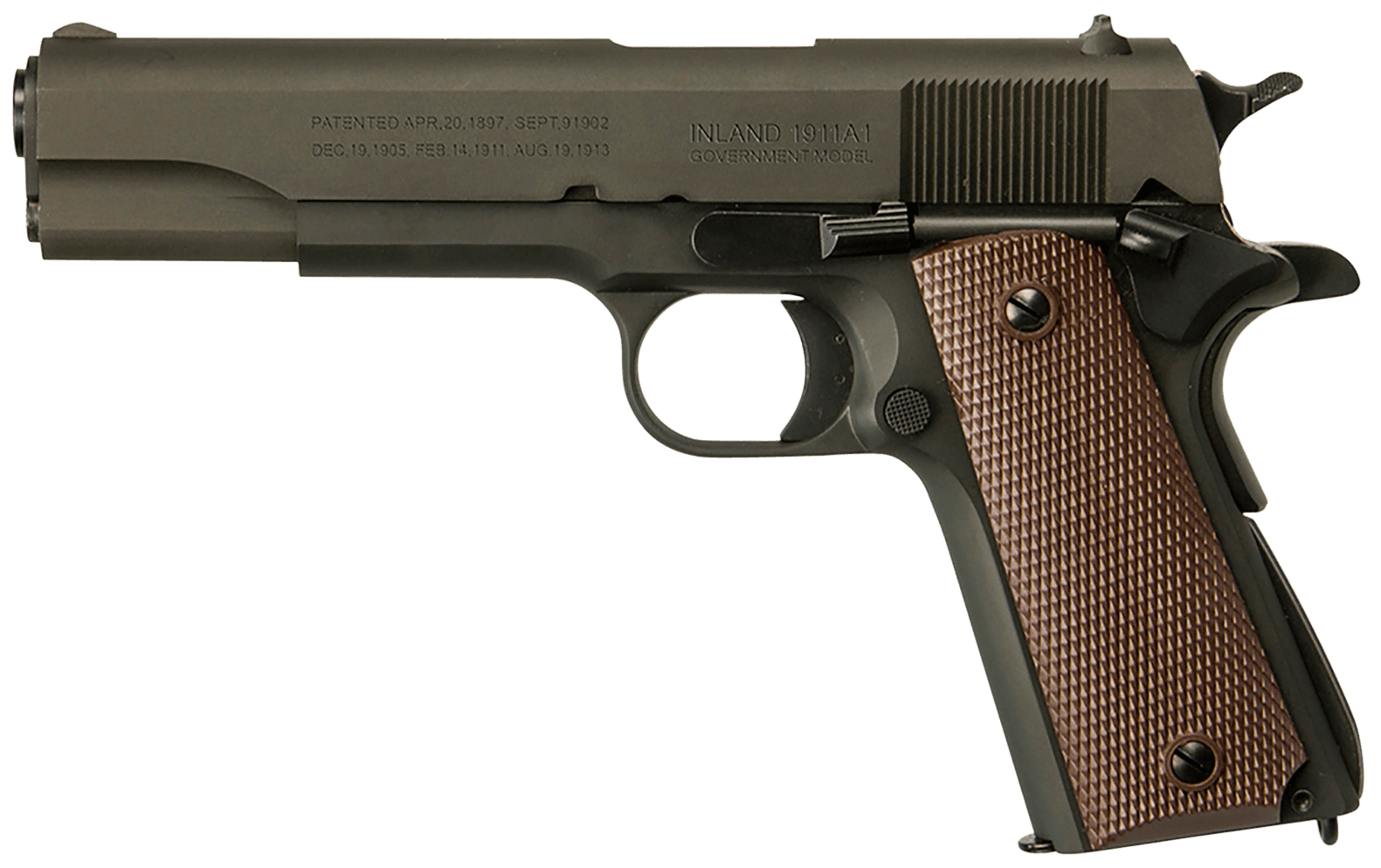 Inland MFG ILM1911 1911 A1 Government 45 ACP 7+1 5" Barrel, Black Parkerized Steel Frame w/Beavertail, Serrated Steel Slide, Wood Grip, Manual Safety