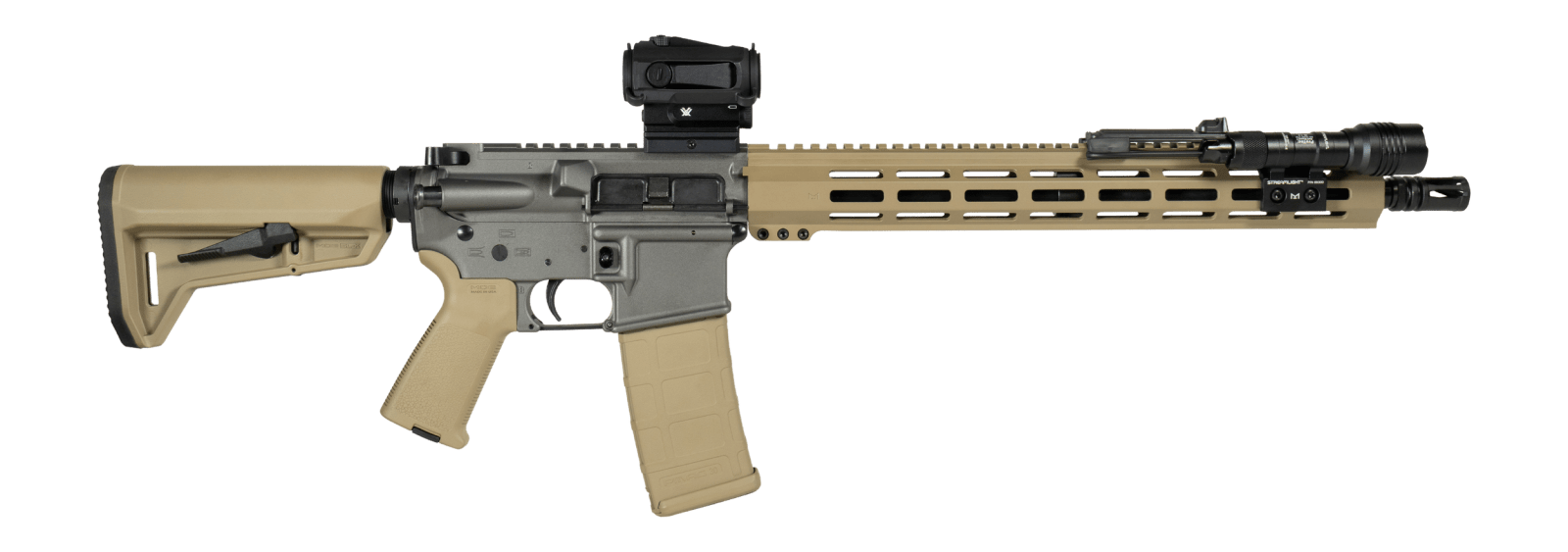 Shark Coast Tactical SCC04410TWB Tumbleweed Bundle 5.56 NATO 30+1 16" Black Nitride Threaded Barrel, Gray & Tan Cerakote Aluminum Receiver w/Picatinny Rail, M-LOK Handguard, Magpul Collapsible Tan Cer