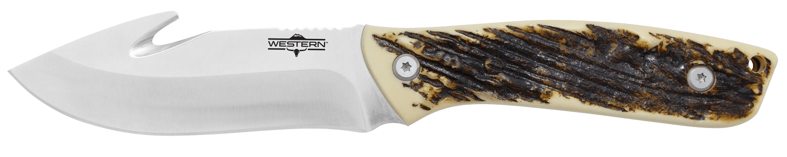 Camillus 19247 Western Crosstrail 4.25" Fixed Gut Hook Plain Silver 420 Steel Titanium Bonded Blade, Stag/Antler Delrin Handle, Includes Belt Loop/Sheath