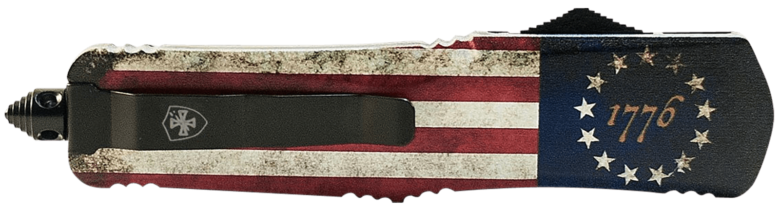 Templar Knife MBRF331 Gen II Betsy Ross Flag Slim 3.43" OTF Drop Point Plain Black Oxide Stonewashed Black 440C SS Blade, 5.05" Betsy Ross Flag Aluminum Handle Glass Breaker