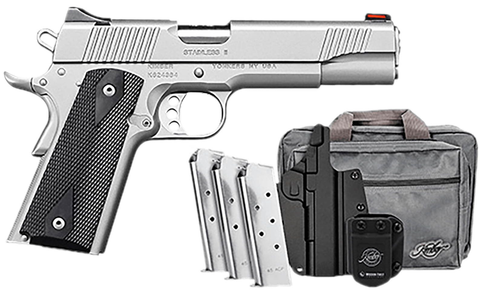 Kimber Mfg.,inc 3200007 Stainless II Club Bundle 45ACP 7+1 5" Satin Silver Front Serrations Stainless Steel Slide Black Synthetic Grip