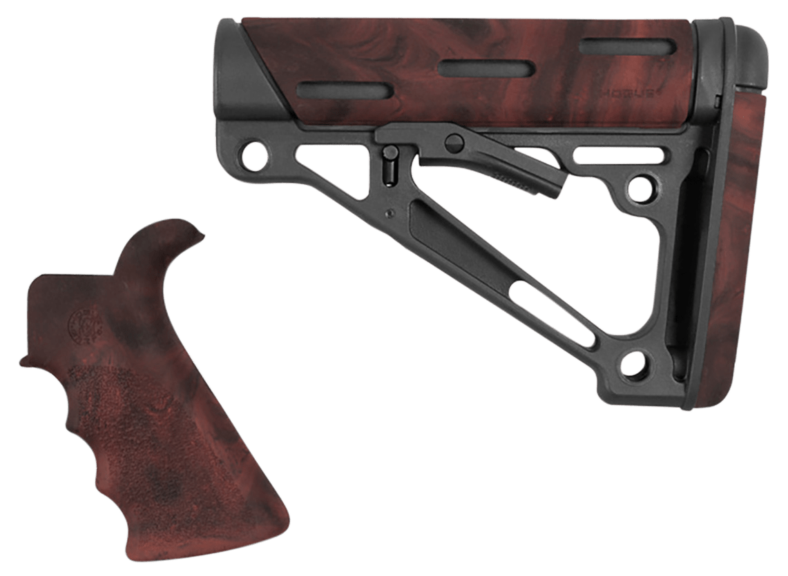 Hogue 15456 OverMolded Collapsible Buttstock Black Synthetic Red Lava OverMolded Rubber & Red Lava Rubber Finger Grooved Grip for AR-15, M16 with Mil-Spec Buffer Tube (Tube Not Included)