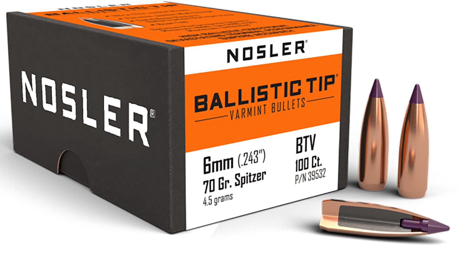 Nosler 39532 Ballistic Tip  6mm 70gr Spitzer Point 100/Box