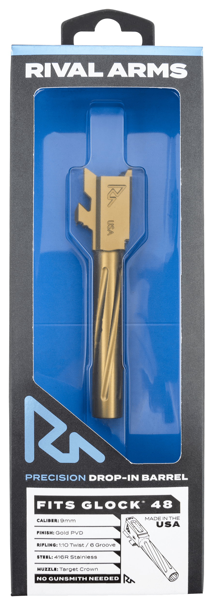 Rival Arms RARA20G801E Precision V1 Match Grade 9mm Luger 4.17" Gold PVD Stainless Steel, Fits Glock 48