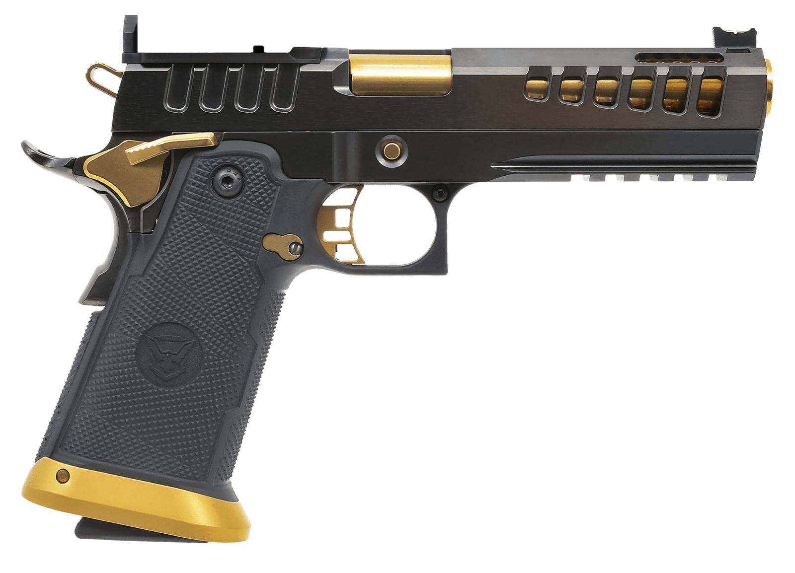 Watchtower Firearms DEMOLITIA9MM5ELITE Demolitia  Full Size Frame 9mm Luger 20+1 5" Gold Plated PVD Ported Barrel, Graphite PVD Optic Cut/Serrated Steel Slide, Graphite PVD Frame, Black Textured Grip