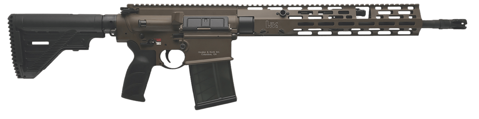 HK 81001206 MR762 A4 7.62x51mm 10+1 16.50" Black Threaded Barrel, Patriot Brown Picatinny Rail Receiver, M-LOK Handguard, 6 Position Black Synthetic Stock, Black Finger Grooved Grip, Ambidextrous