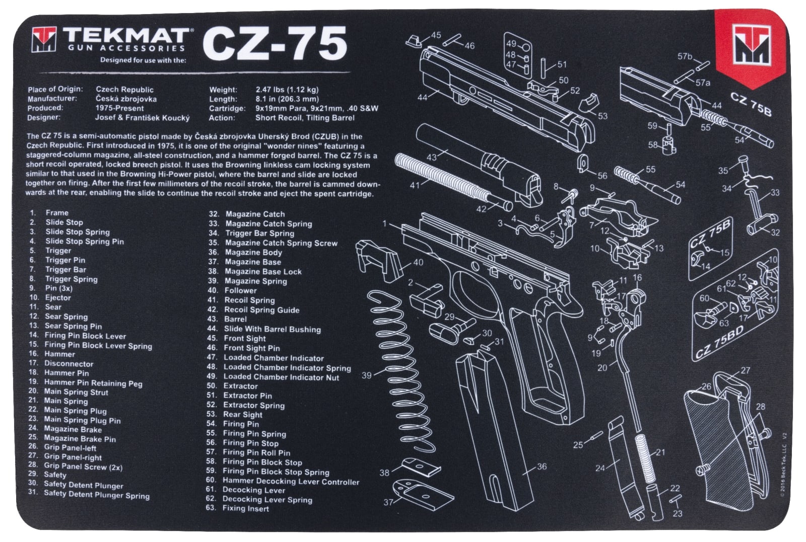 TekMat TEKR17CZ75 CZ 75 Cleaning Mat Black/White Rubber 11"x17" CZ-75 Parts Diagram