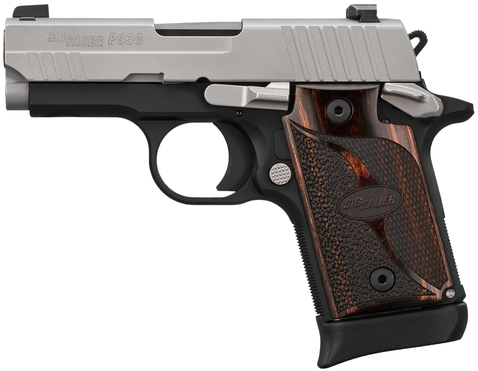 Sig Sauer 9389TXR3AMBI P938 Micro-Compact Frame 9mm Luger 6+1/7+1 3" Black Steel Barrel, Bead Blast Serrated Stainless Steel Slide, Black Anodized Aluminum Frame w/Beavertail, Rosewood Hogue Grip