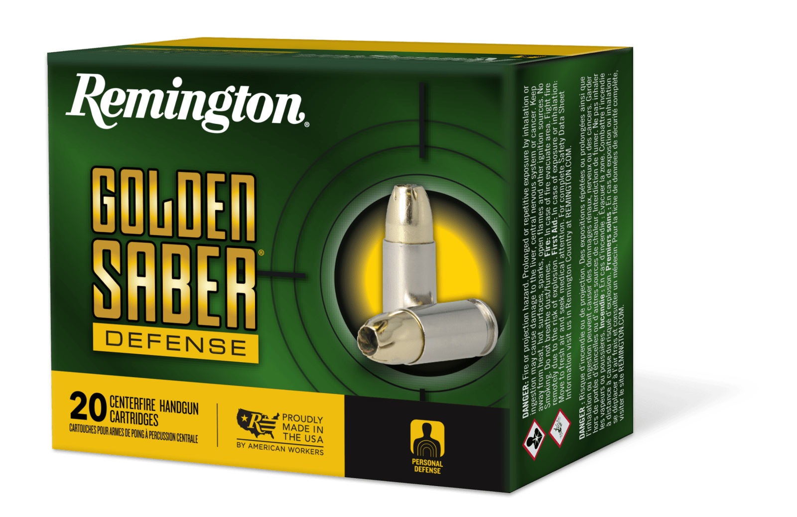 Remington Ammunition 27611 Golden Saber Defense 45ACP +P 185gr Brass Jacketed Hollow Point 20 Per Box/25 Case
