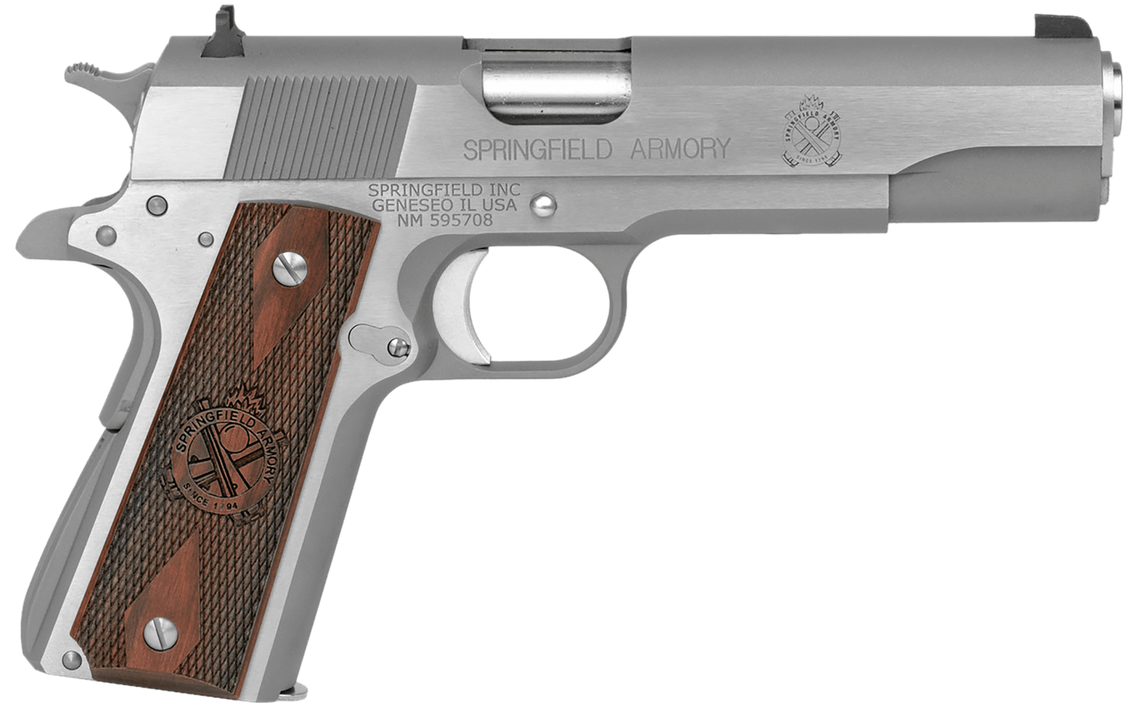 Springfield Armory PB9151LCA 1911 Mil-Spec *CA Compliant 45 ACP 7+1, 5" Stainless Match Grade Steel Barrel, Serrated Stainless Steel Slide & Frame w/Beavertail, Crossed Cannon Cocobolo Grip