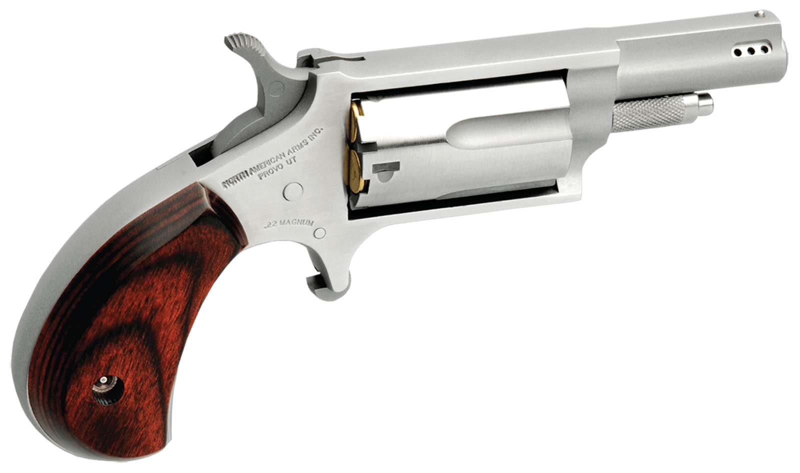 North American Arms 22MP Mini-Revolver  22 WMR 5 Shot 1.63" Stainless Steel Ported Barrel, Stainless Steel Frame & Cylinder, Rosewood Birdshead Grip, Exposed Hammer