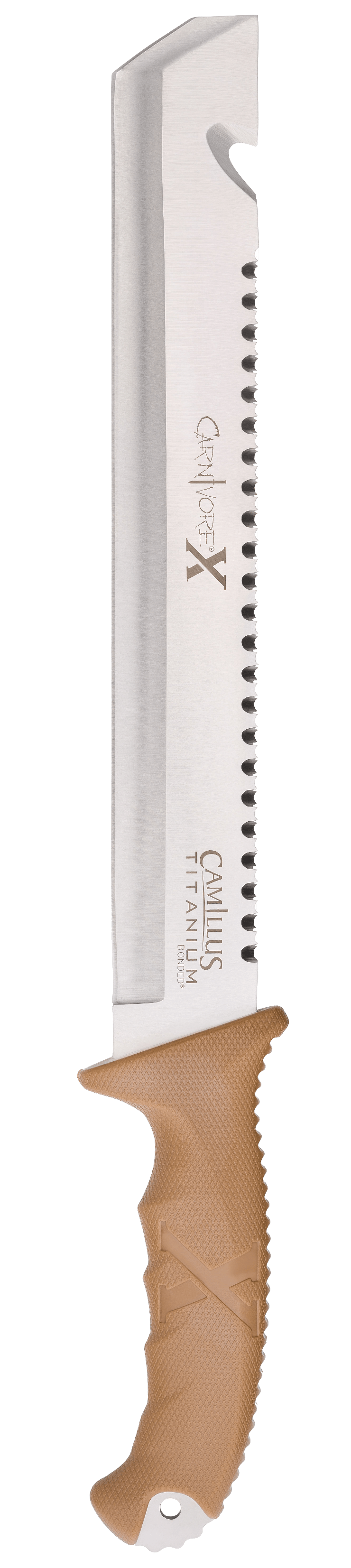 Camillus 19236 Carnivore X  12" Fixed Gut Hook/Machete Part Serrated Titanium Bonded 420 Stainless Steel Blade, 6" Brown ABS Handle, Clamshell Packaging