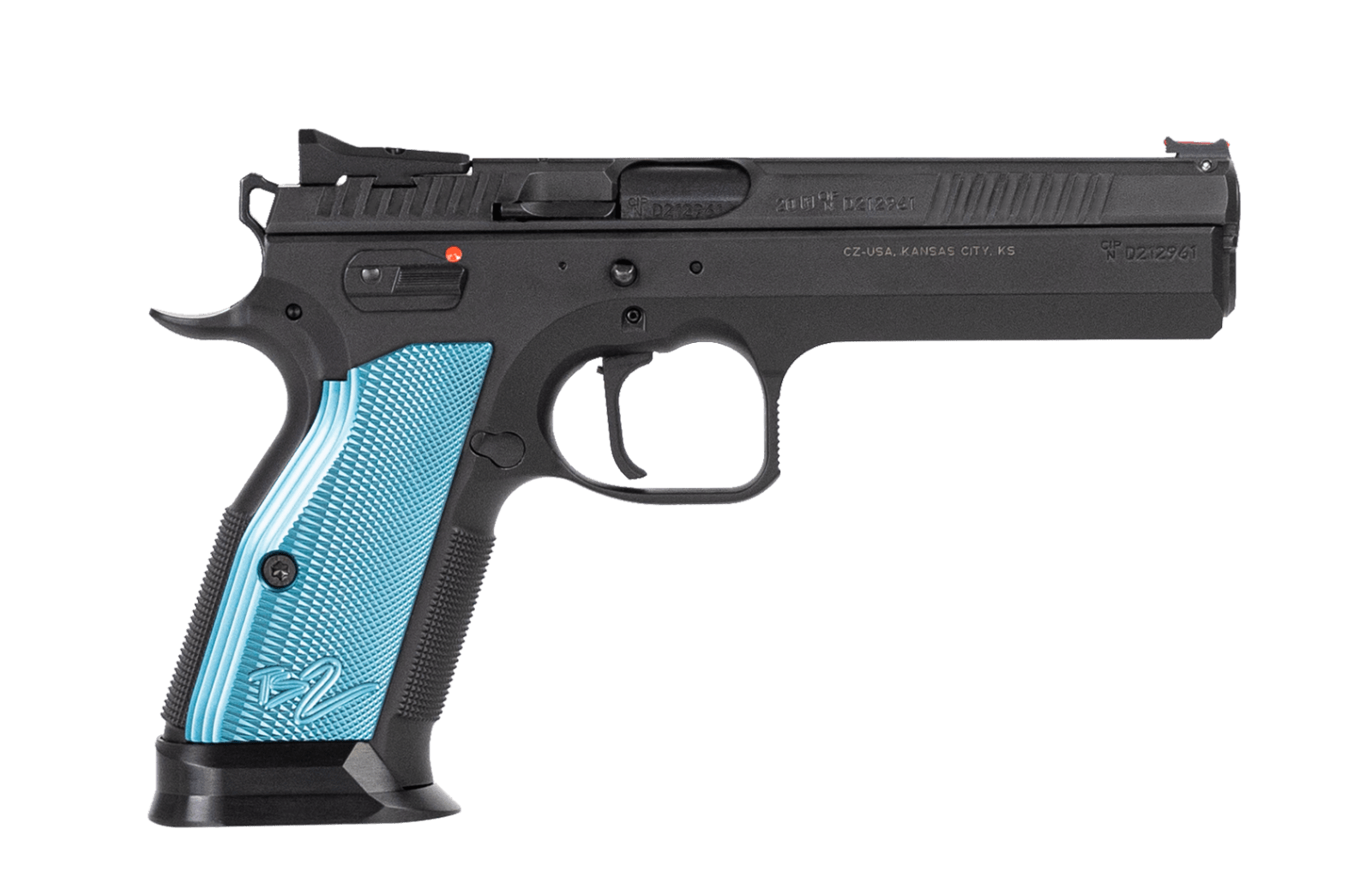 CZ-USA 91220 TS 2  9mm Luger 20+1 5.28" Blued Steel Barrel, Black Serrated Steel Slide, Black Polycoat Steel Frame w/Beavertail, Blue Checkered Aluminum Grip, Ambidextrous