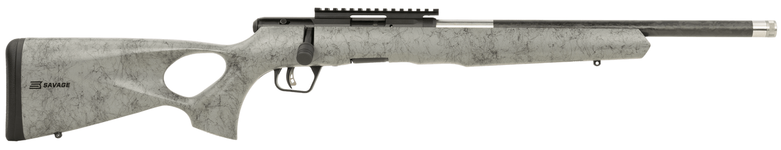 Savage Arms 70818 B Series TimberLite 17 HMR 10+1 18" Black Threaded Carbon Fiber/SS Barrel, Black Picatinny Rail Steel Receiver, Gray w/Black Webbing Synthetic Fixed Thumbhole Stock