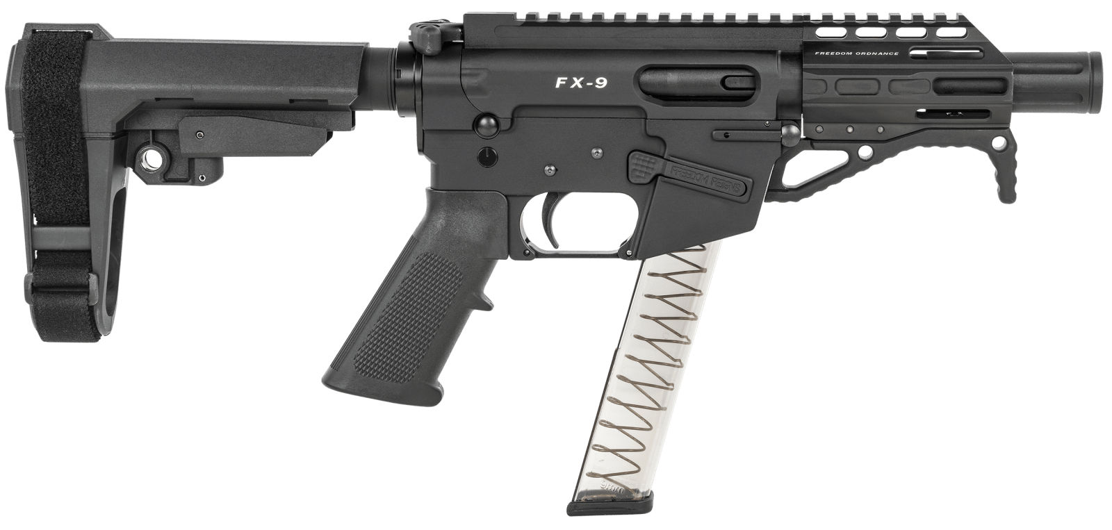 Freedom Ordnance FX9P4S FX-9  9mm Luger 31+1 4" Black Nitride Barrel w/Faux Suppressor, Black Hard Coat Anodized Aluminum Receiver, SB Tactical SBA3 Pistol Brace Stock, Black Polymer Grip