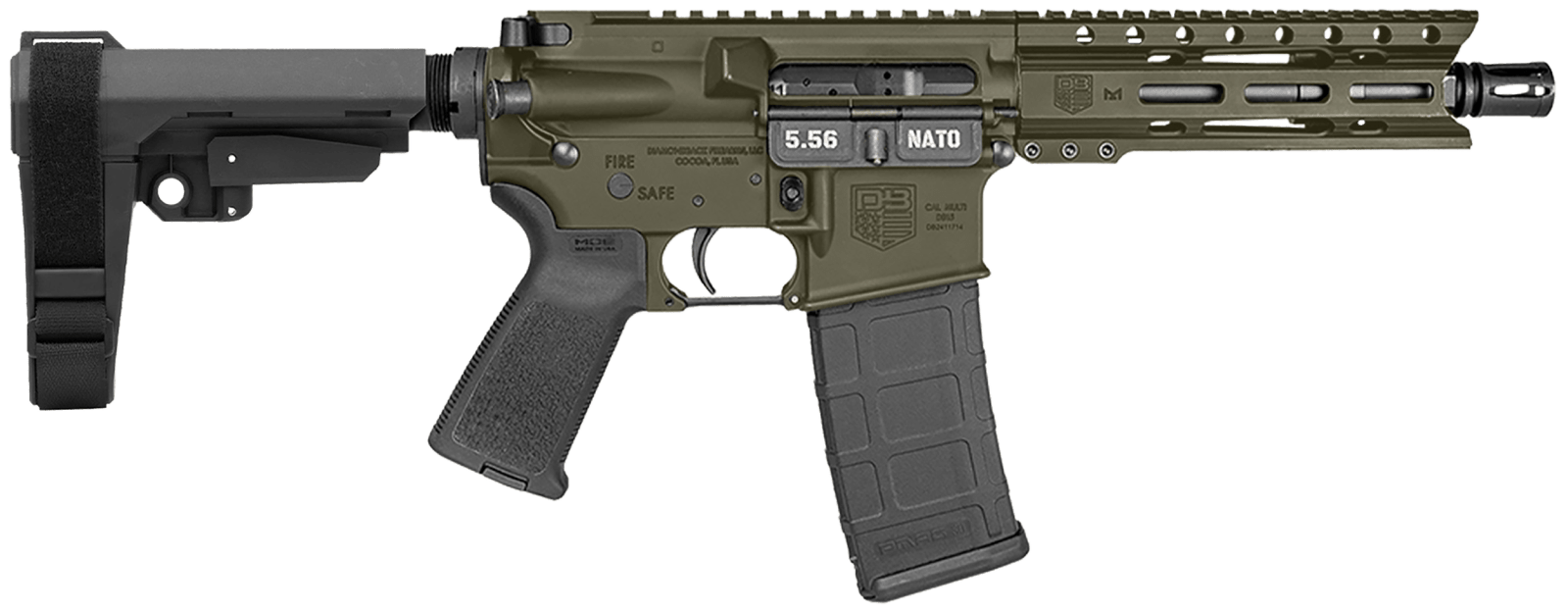 Diamondback DB1913K101 DB15 5.56 NATO 30+1 7" Black Nitride Heavy Threaded Barrel, OD Green Cerakote Picatinny Rail Aluminum Receiver, 6" M-LOK Handguard, SB Tactical Brace & Black Magpul MOE Grip