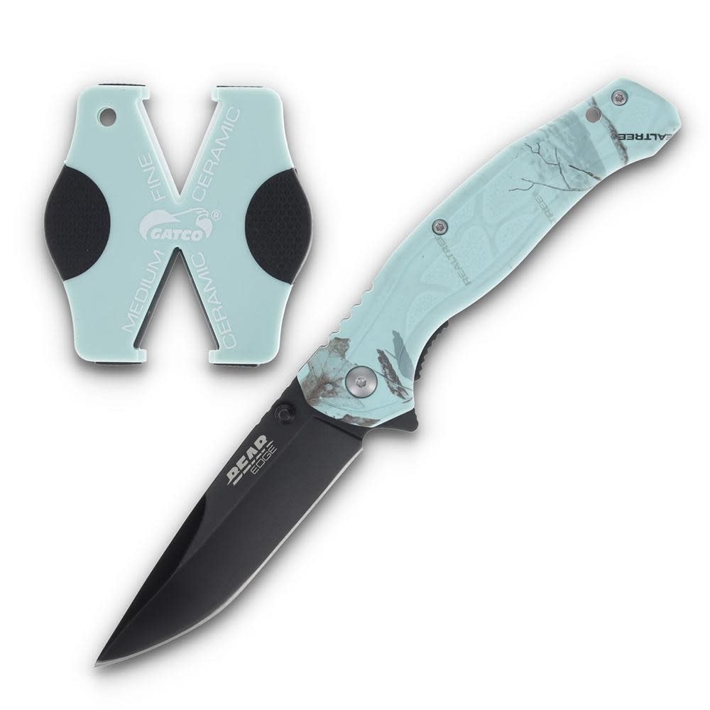 Bear & Son Edge Brisk 2.0 Folding Knife & Sharpener Combo Drop Point Blade Teal Camo