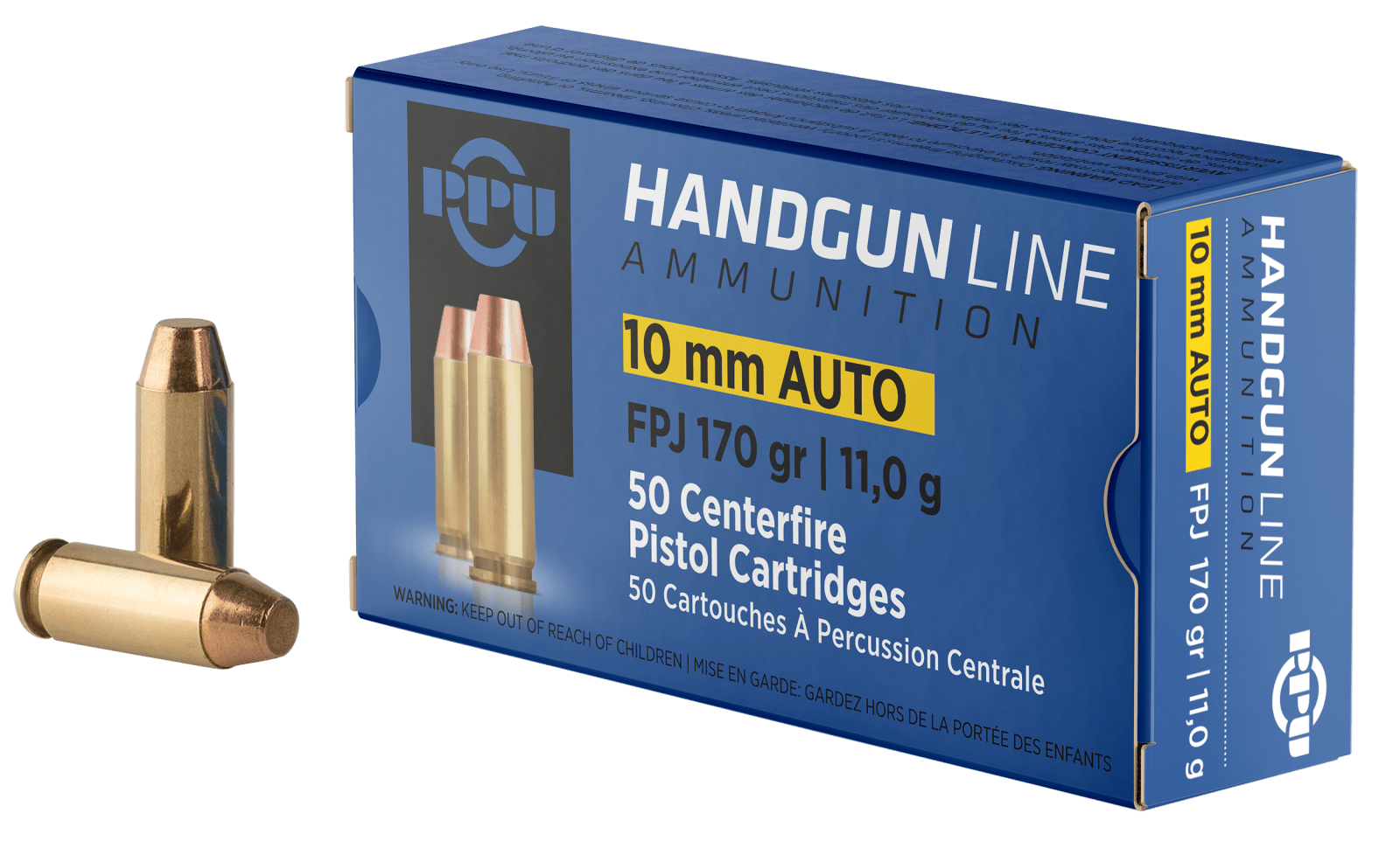 PPU PPH10F Handgun  10mmAuto 170gr Flat Point Jacketed 50 Per Box/10 Case