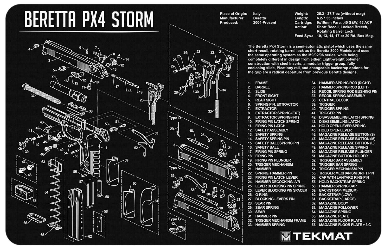 TekMat TEKR17BERPX4 Beretta Px4 Storm Cleaning Mat Black/White Rubber 11"x17" Beretta PX4 Storm Diagram