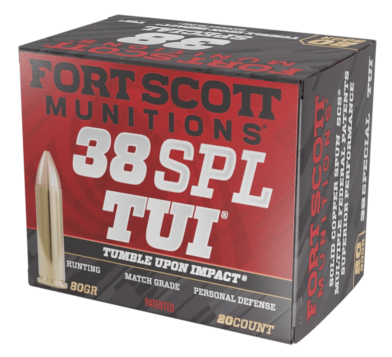 Fort Scott Munitions 38SPL080SCV Tumble Upon Impact (TUI)  38Special+P 80gr Solid Copper Spun 20 Per Box/25 Case