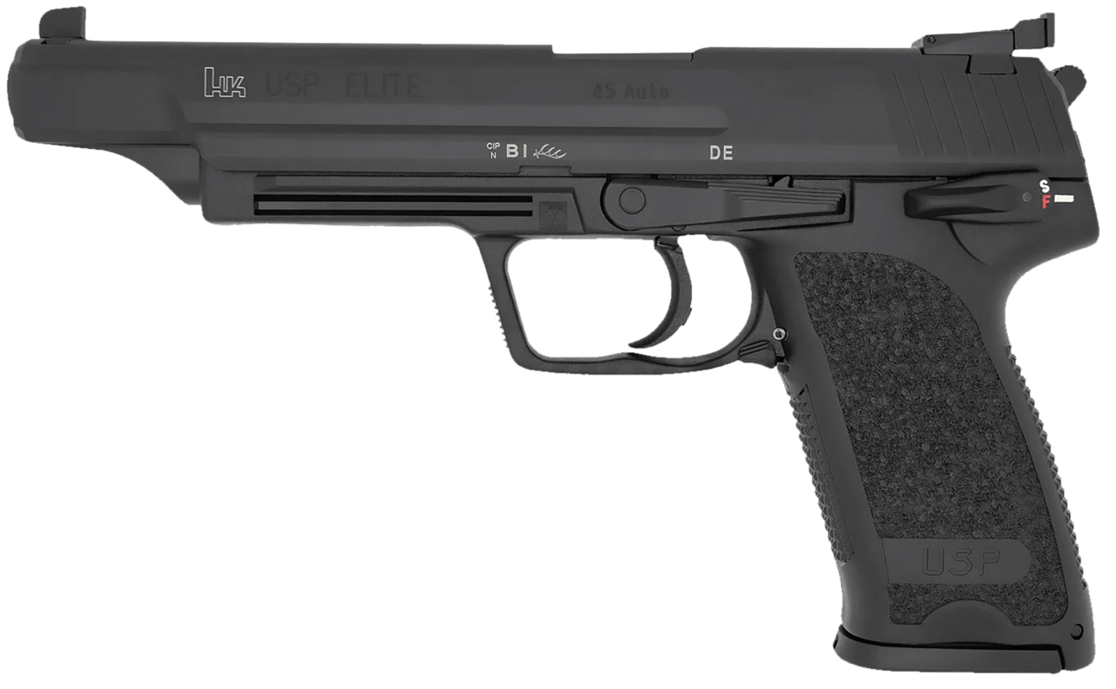 HK 81000368 USP V1 Elite 45 ACP 10+1 6.02" Stainless Stainless Steel Barrel, Black Long/Serrated Steel Slide, Black Polymer Frame, Black Polymer Grip