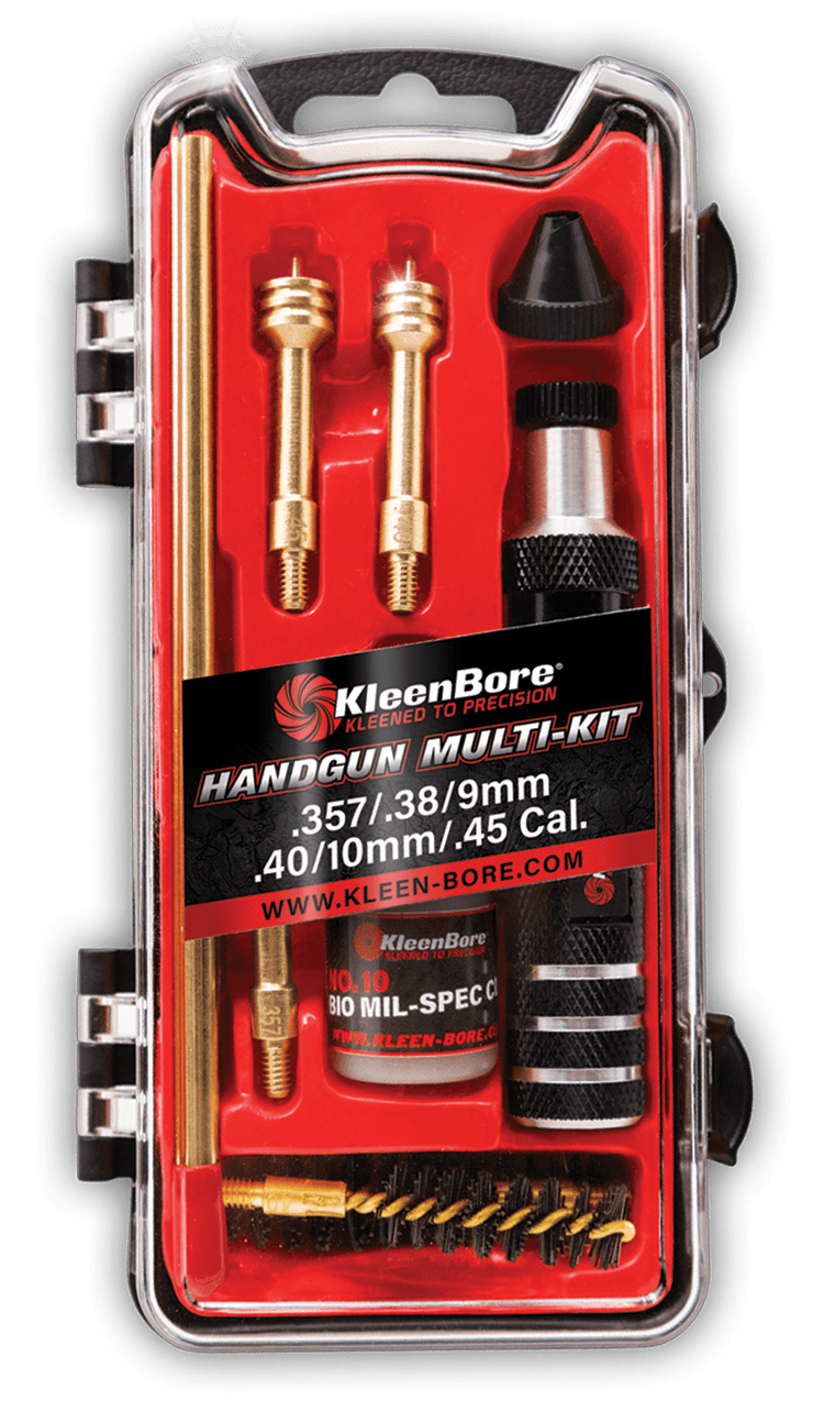 KleenBore HMK3845 Multi-Pistol Kit .38/ .40/ .45/ 9mm/ 10mm Handgun Black/Red