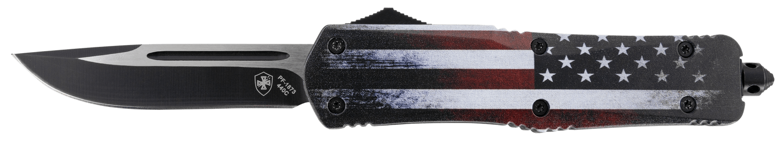 Templar Knife LUS331 Gen II US Flag Large 3.50" OTF Drop Point Plain Black Oxide Stonewashed 440C SS Blade, 5.25" US Flag Aluminum Handle, Glass Breaker