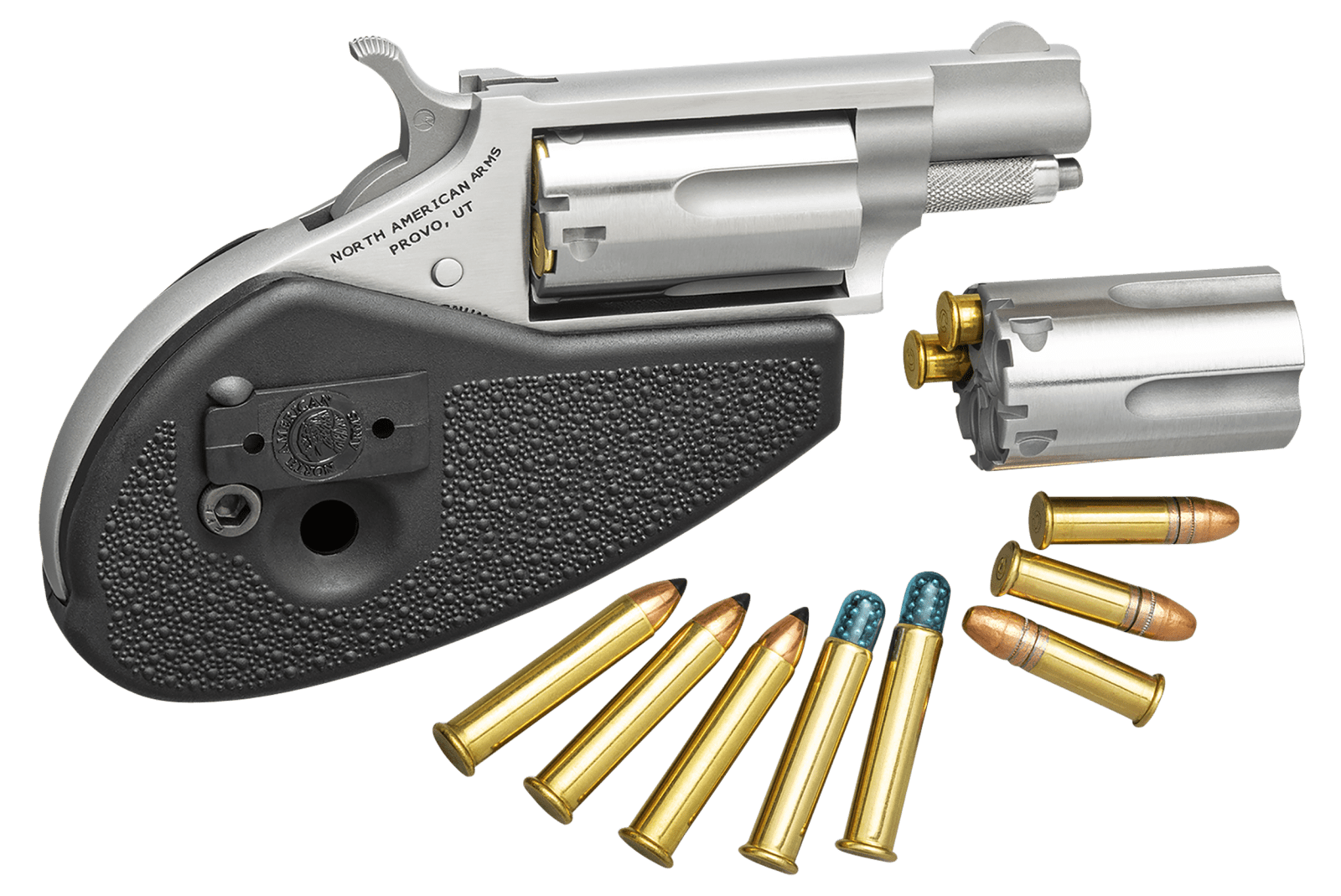 North American Arms 22MSCHG Mini-Revolver  22 LR/22 WMR 5 Shot 1.13" Stainless Steel Barrel, Frame & Cylinder, Black Synthetic Holster Grip, Exposed Hammer